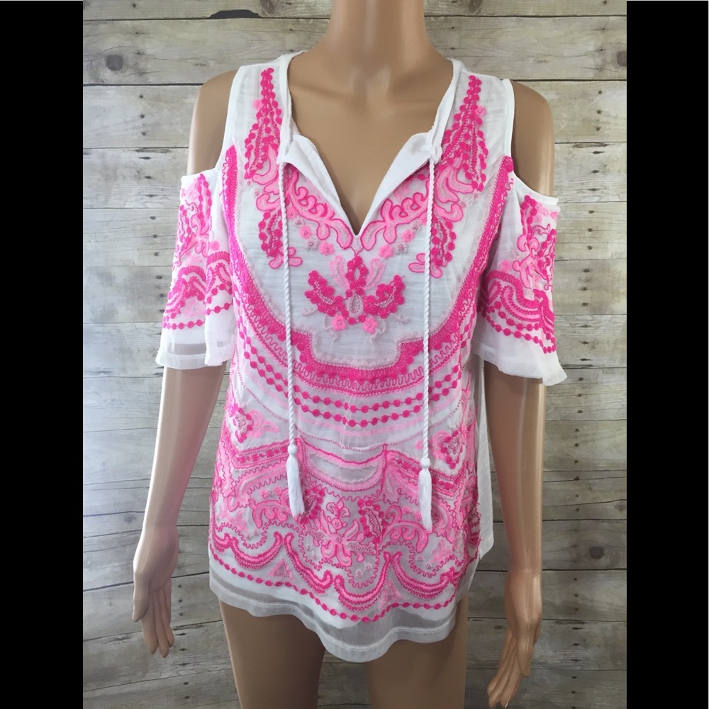 INC Bright Pink Embroidered Cold Shoulder top